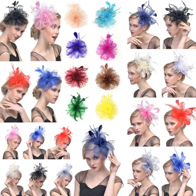 Women Fascinator Feather Hat Flower Hair Clip Church Wedding Party Headwear -