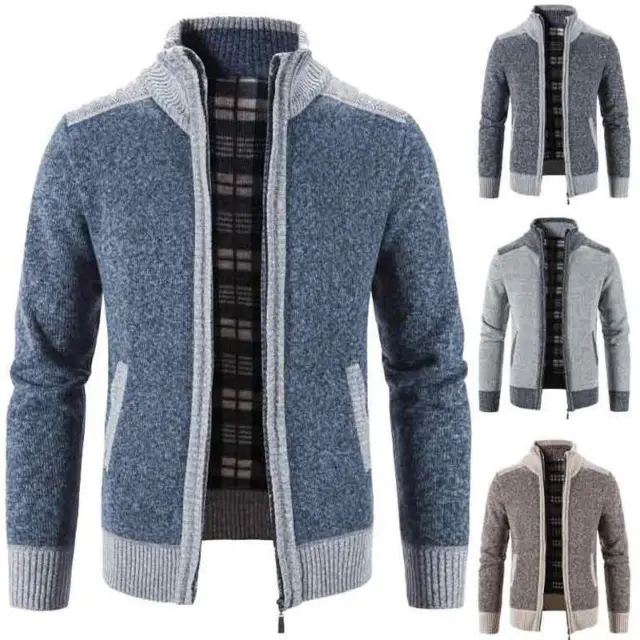 Mens Stand Collar Sweater Coat Full Zip Knitted Casual Fashion Loose Splicing