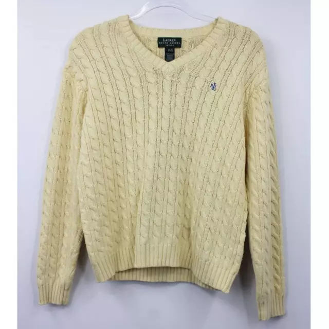 Lauren Ralph Lauren Cable Knit Sweater Yellow Cotton Pullover Petite Small #2409