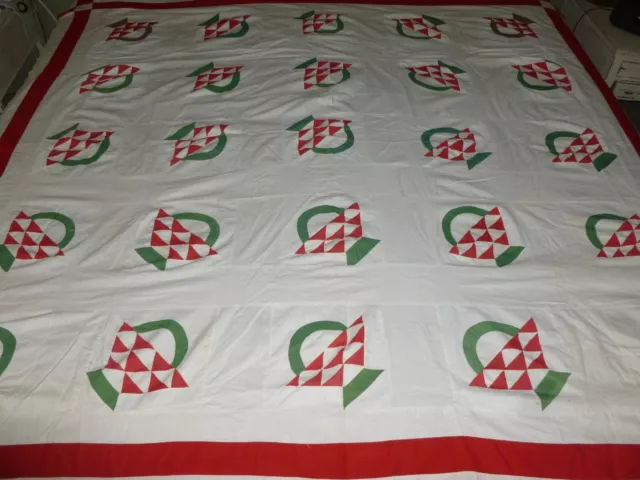 Antique Flower Basket Quilt Top Vintage Cottage Decor Red, White Green