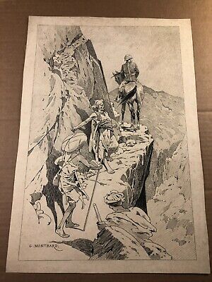 George Montbard Rare 19th C. Signed Published Illustration Art Drawing Mountain