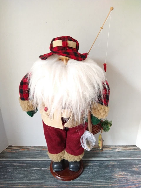 Vintage Fisherman Santa Claus With Pole Fish and Basket on Wood Base 16" St Nick