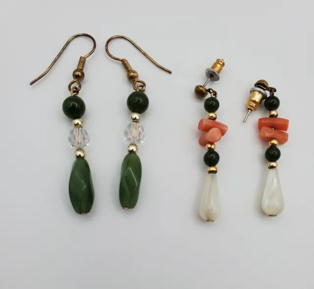 2 Pair Pretty Vintage Dangle Earrings Genuine Jade MOP Coral Beads