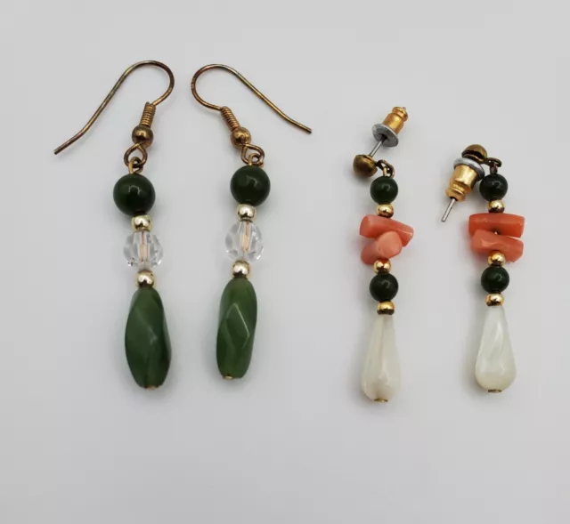 2 Pair Pretty Vintage Dangle Earrings Genuine Jade MOP Coral Beads
