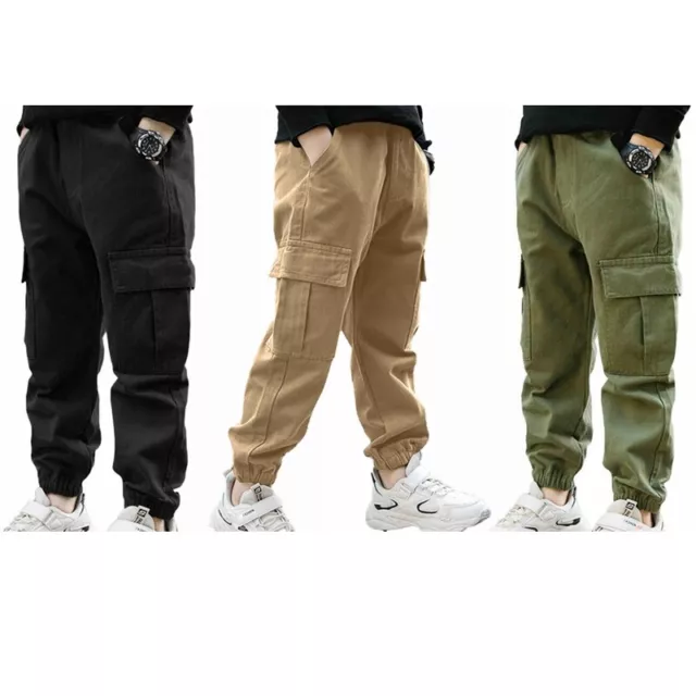 Kids Boys Solid Color Cargo Pants Athletic Sports Casual Hip Hop Jogger Trousers