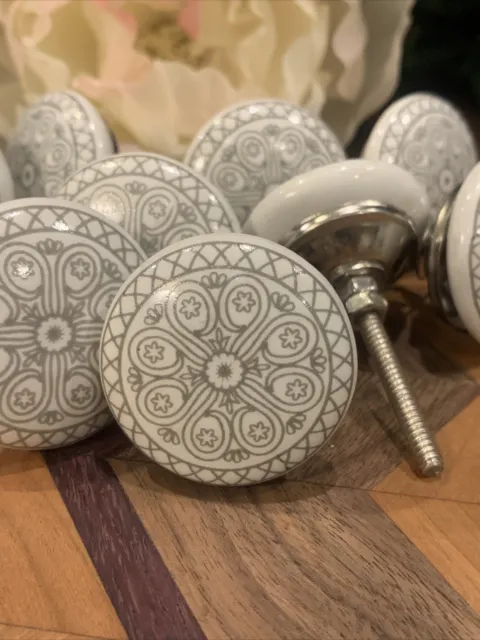Set of 12 Knobs White/Grey Hand Painted Ceramic Cabinet Drawer Pull Single Hole