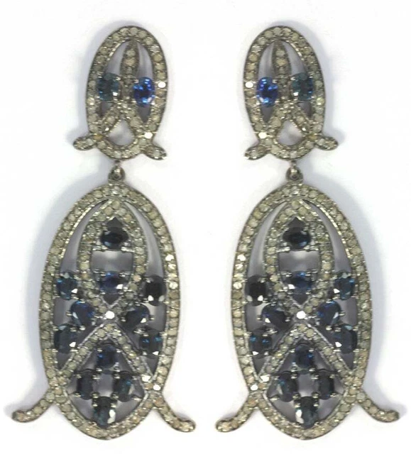 925 Sterling Silver Earring Studded Natural Sapphire&Pave Diamond Jewelry HG
