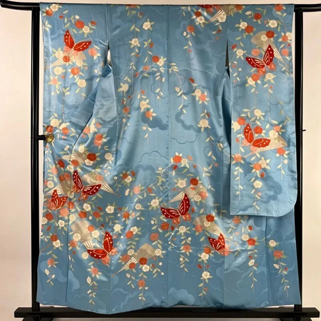 Japanese Kimono Furisode Pure Silk Butterfly Folding Fan Gold Thread Light Blue