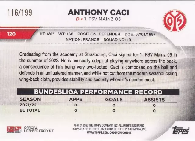 Topps 2023 Bundesliga Numéro 120 Anthony Caci Jade 116/199 2