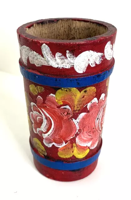 Rosemaling Scandinavian Rosemaled Toothpick Holder Small round Wood Vtg Vintage