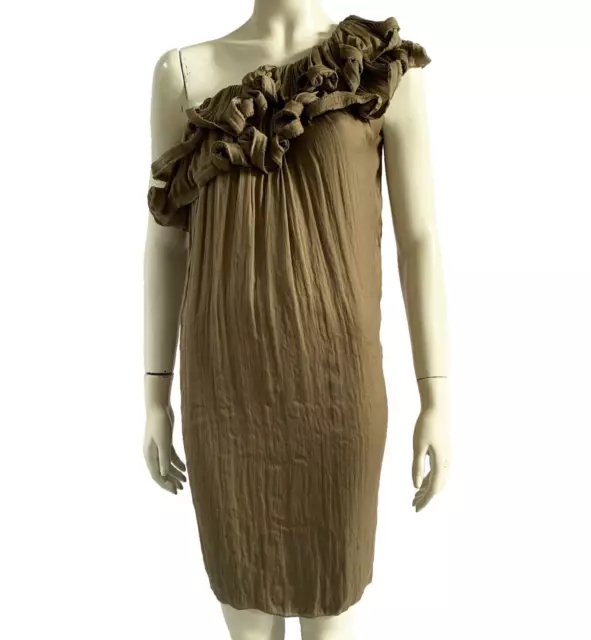 LANVIN UK 12 FR 40 Olive/ Dark Beige One Shoulder Ruffled Neckline Mini Dress