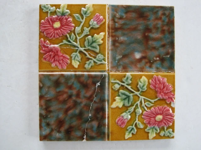 ANTIQUE VICTORIAN WALL TILE - MOULDED QUARTERED PATTERN - LEA & BOULTON c.1899