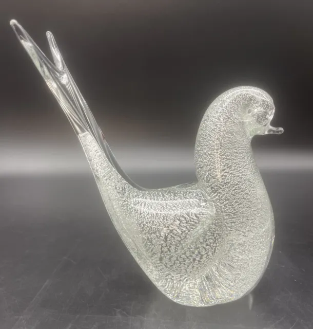VTG Murano Clear Art Glass BIRD w/ Silver Fleck Figurine Paperweight 8” RARE
