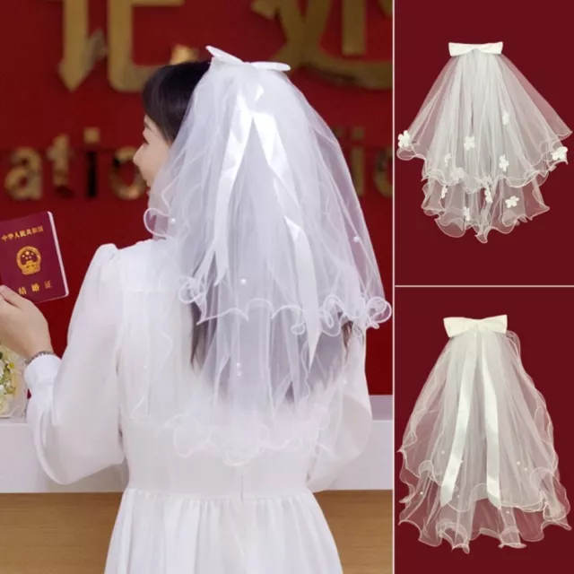 Bow Bridal Veil Pearl Bride Head Gauze Sweet Marry Veil  Bride Accessories