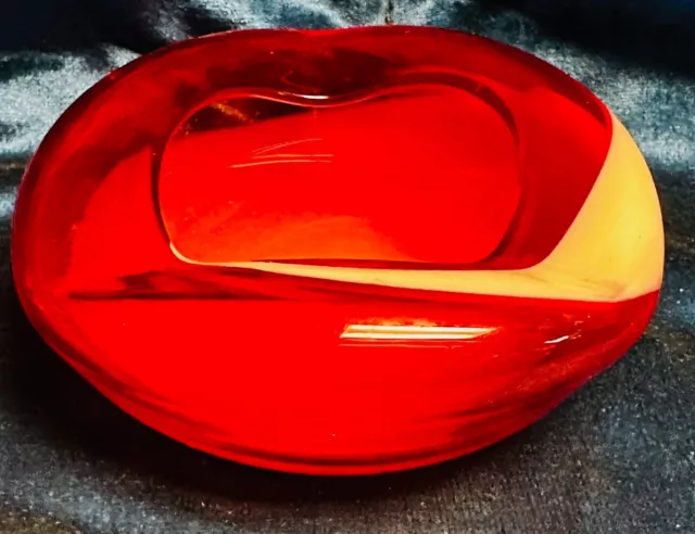 👀 MCM Red Bowl With White Swirl Blown Art Glass Kamei Japanese Ashtray 👀