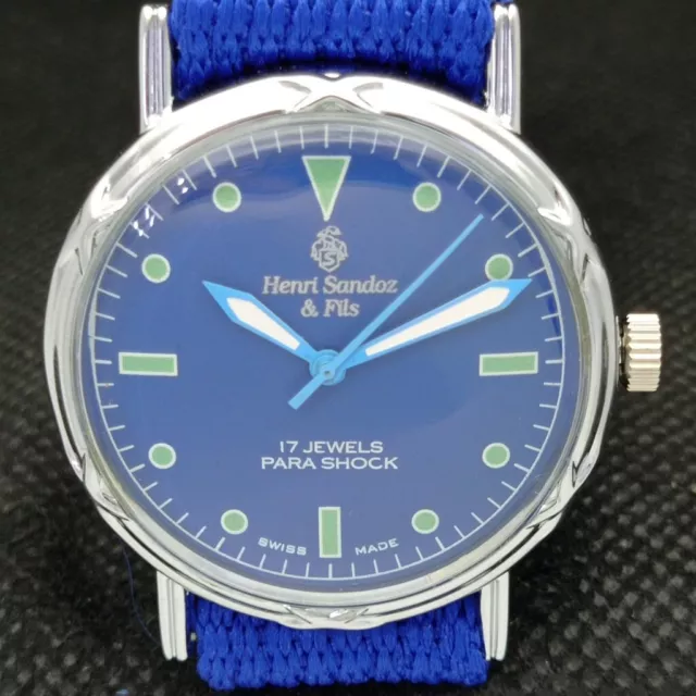 OLD HENRI SANDOZ & FILS WINDING SWISS MENS WRIST BLUE DIAL WATCH 594b-a311911-1