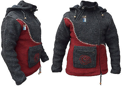 Woolen Fleece Lined Hand Knitted Winter High Neck Pocket Hoodie Jumper Jacket