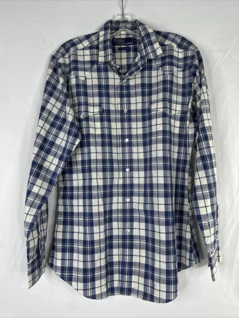 Polo Ralph Lauren Western Shirt Mens Size M Blue White Plaid Pearl Snap Cowboy