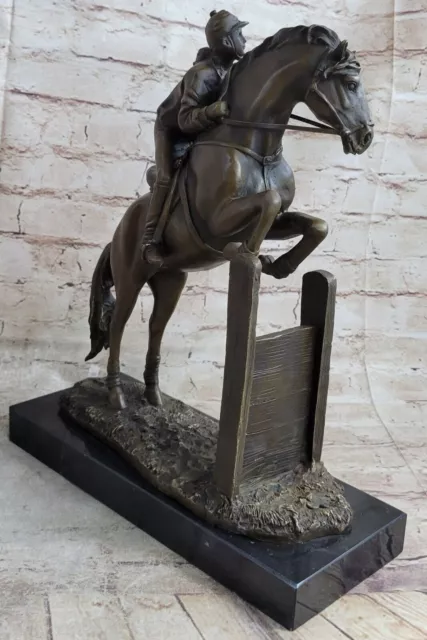 Very Large Solid Bronze Equestrian Horse With Jockey On Walnut Base Rare Gift 3