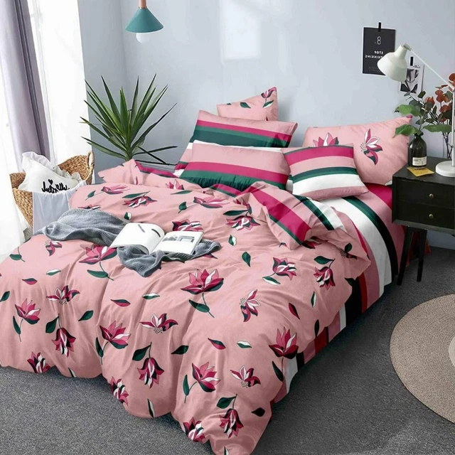Rosa Floral Estampado Handmade Algodón Edredón Cama Doble Conjunto De 4 Piezas