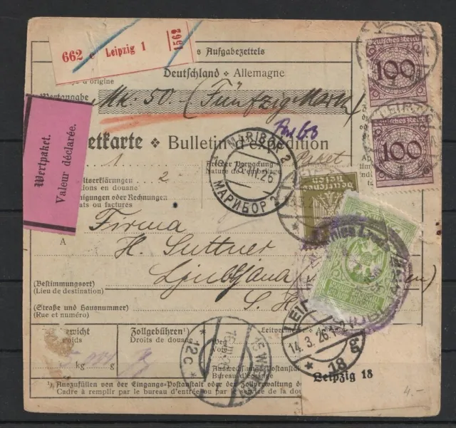 Dt. Reich Wert-Paketkarte Leipzig - Ljubljana Laibach Jugoslawien, 1926 #1096243