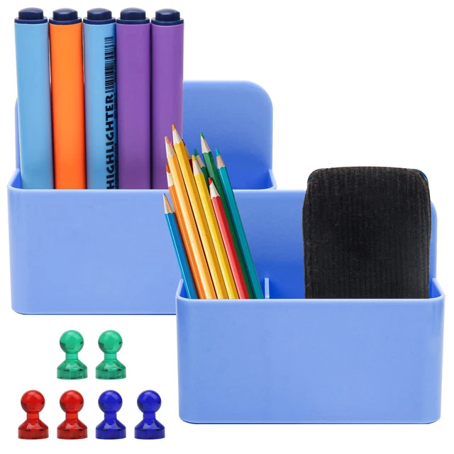 Magnetic Dry Erase Marker Holder - 2 Pack with Push Pins (School, Blue)