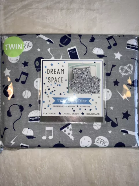 Dream Space 3 Piece Twin Sheet Set Kid Hobbies Sports Music Aliens Pizza Ball