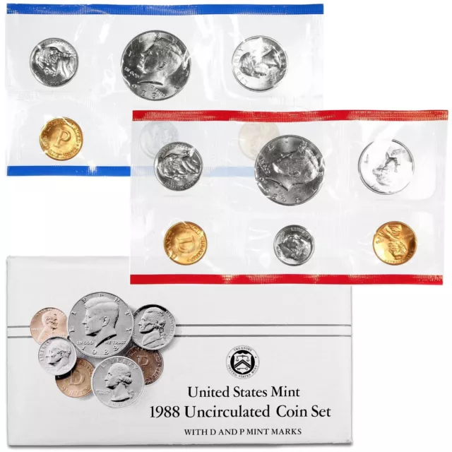 1988 Mint Set Original Envelope 10 Brilliant Uncirculated US Coins BU