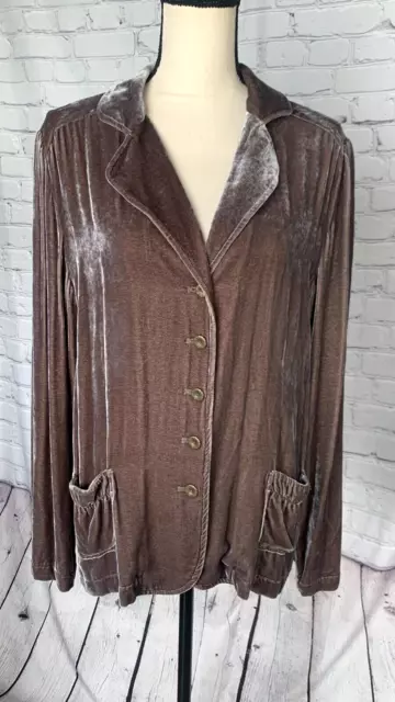 J JILL Vintage Crushed Velvet Taupe Jacket Rayon Silk Button Front Pockets Large