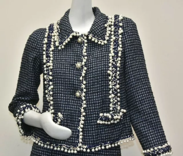 $11890 NEW Chanel SUIT Blue JACKET + SKIRT Blazer Coat CASHMERE Pearl Tweed 38 . 2