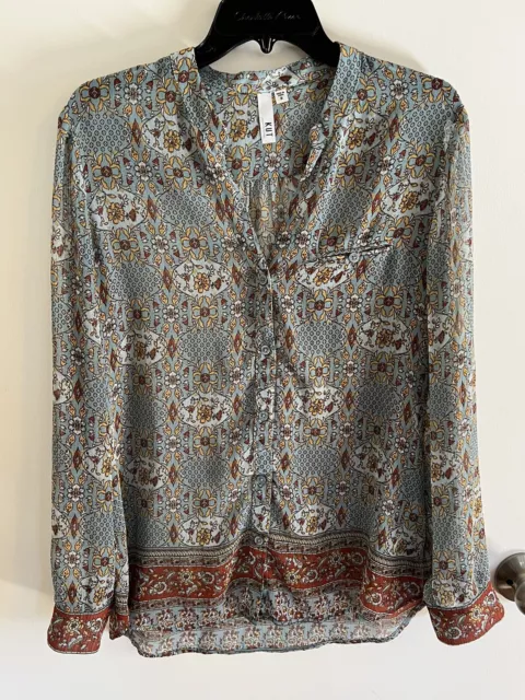 Kut From The Kloth Womens Size M Sheer Blue Floral Button Front Blouse