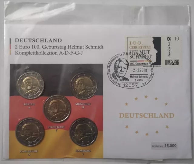 Numisbrief  100. Geburtstag Helmut Schmidt - 5 x 2,-€ komplett  Deutschland 2018