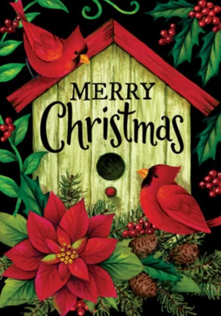 Merry Christmas Birdhouse Poinsettia House Flag 28" x 40", Custom Decor, 2 Sided