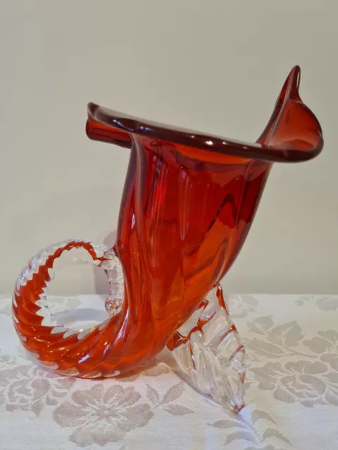 Vintage Red/Orange Art Glass Cornucopia Vase - Murano? - Mid Century Modern