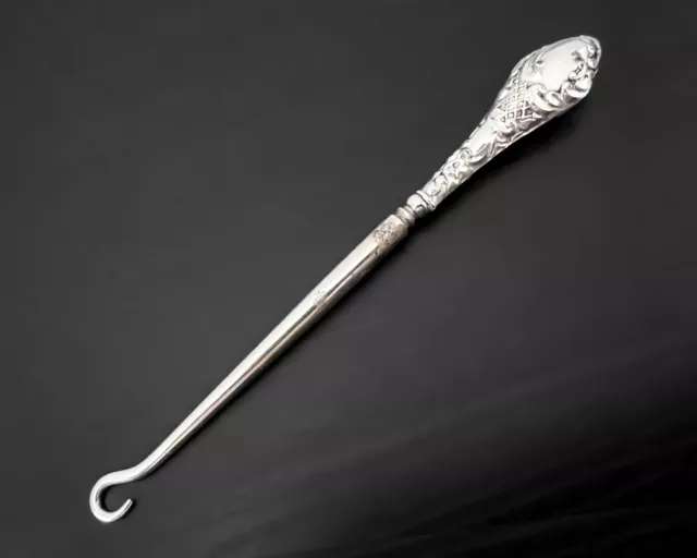 Antique English Steel Repousse Silverplate Button Hook Victorian WJM & CO