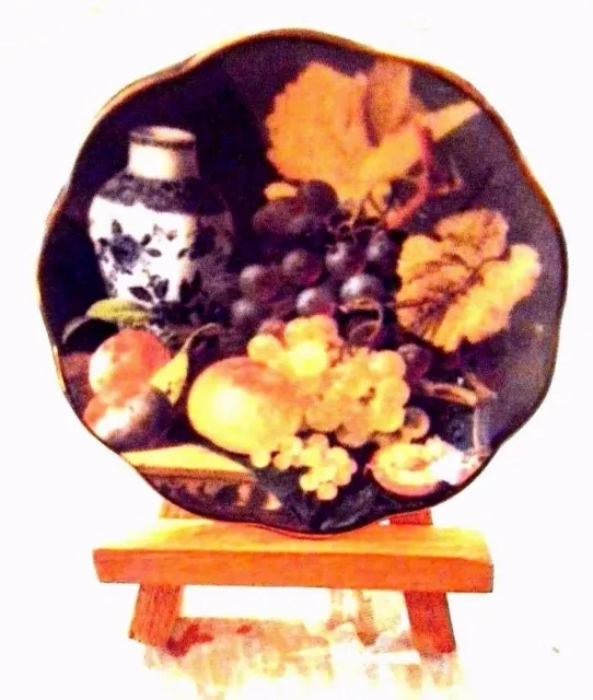 3" mini Plate w/ 3" Wood Display Easel Bone China Black fruit Vintage ENGLAND