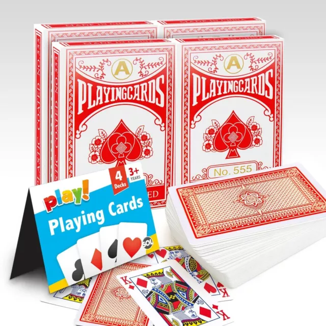 4 Pack Playing Cards Traditional Plastic Coated Deck Professional Poker Game Red