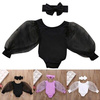 Newborn Infant Baby Girls Puff Sleeve Mesh Solid Romper Bodysuit Outfits Clothes