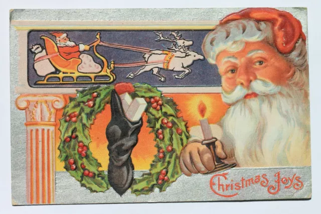 Old embossed postcard CHRISTMAS JOYS, Santa Claus, Candle, 1900-1910s