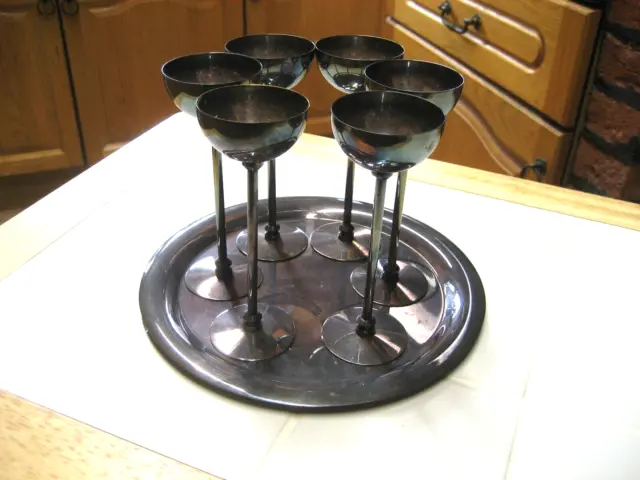 6 Vintage Long Stemmed Metal Shot / Schnapps Glasses with Tray