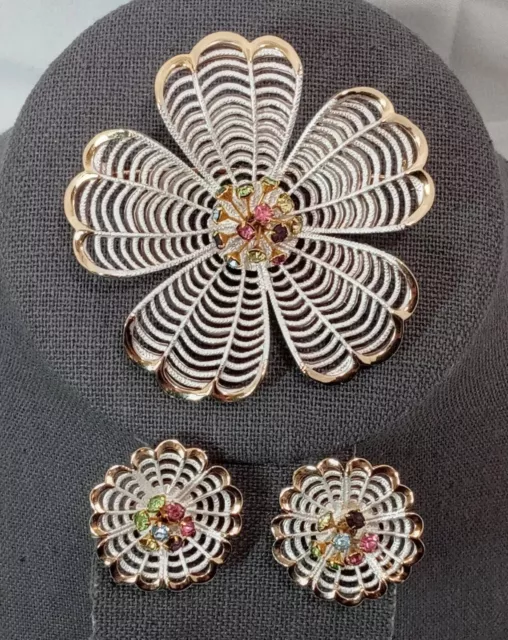 White Enamel Daisy Flower Pin Brooch Clip Earrings Open Work Multi Color Crystal