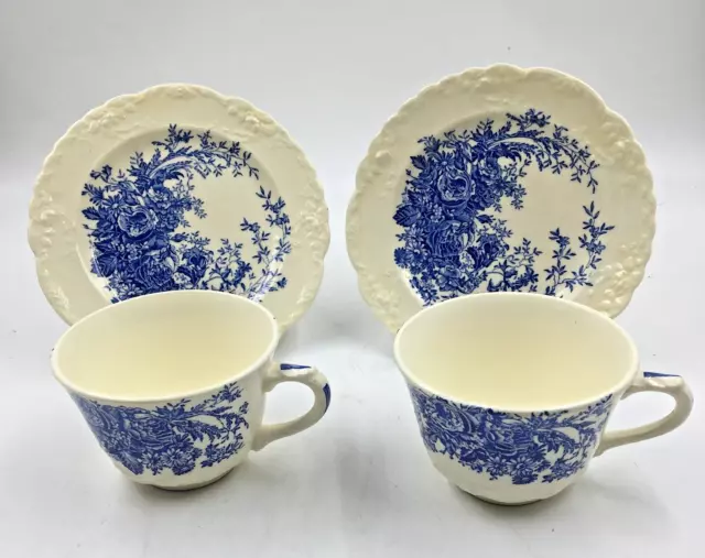 1930's Taylor Smith & Taylor Blue and Ivory Floral Set of 2 Teacups and Saucers
