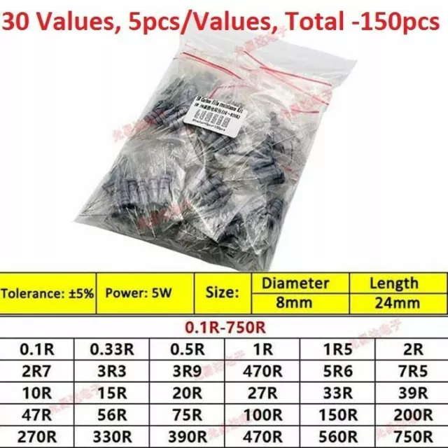 1/6W 1/4W 1/2W 1W 2W 3W 5W Metal Film/Carbon Film Resistors Combination Kits