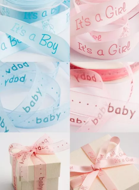 Satin Organza Baby Ribbon Boy Girl Teddy Pink Blue Christening Cake Shower