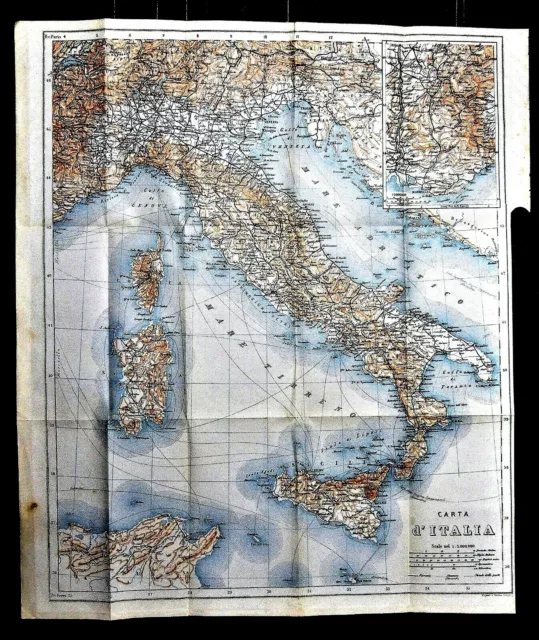 1887 Mappa Topografica dell'Italia con Sicila e Sardegna..Wagner .Baedeker .Etna
