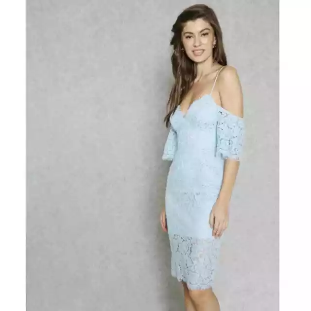 Bardot EUC Womens Karlie Blue Lace Dress sz 8 Lined Cold Shoulder Cocktail Midi 3