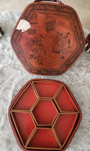 Antique Chinese Black/Red Lacquered Wooden Serving Trays  6 Sided