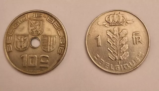 2 pièces de Belgique,  10 Cts 1938 et 1 FR 1950