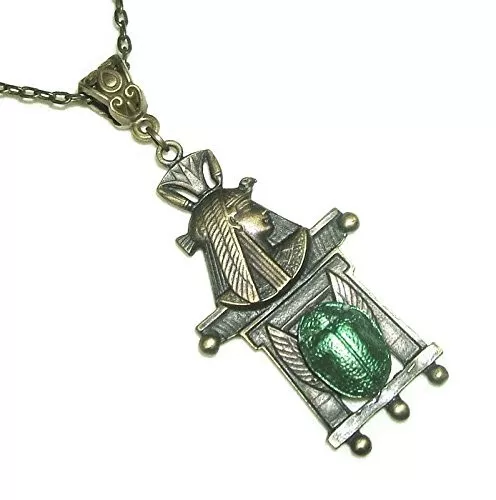 PHARAOH SCARAB NECKLACE Green Metallic EGYPTIAN REVIVAL Beetle Antiqued Pltd