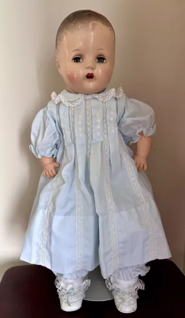 Vintage Unmarked Composition Baby Doll, Blue Sleepy Eyes, Teeth & Cloth Body 18"